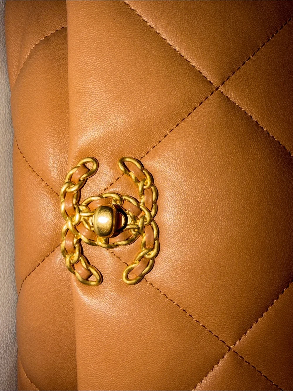 CHANEL 19 Quilted Shoulder Bag in Tan with Gold & Silver Chain medium